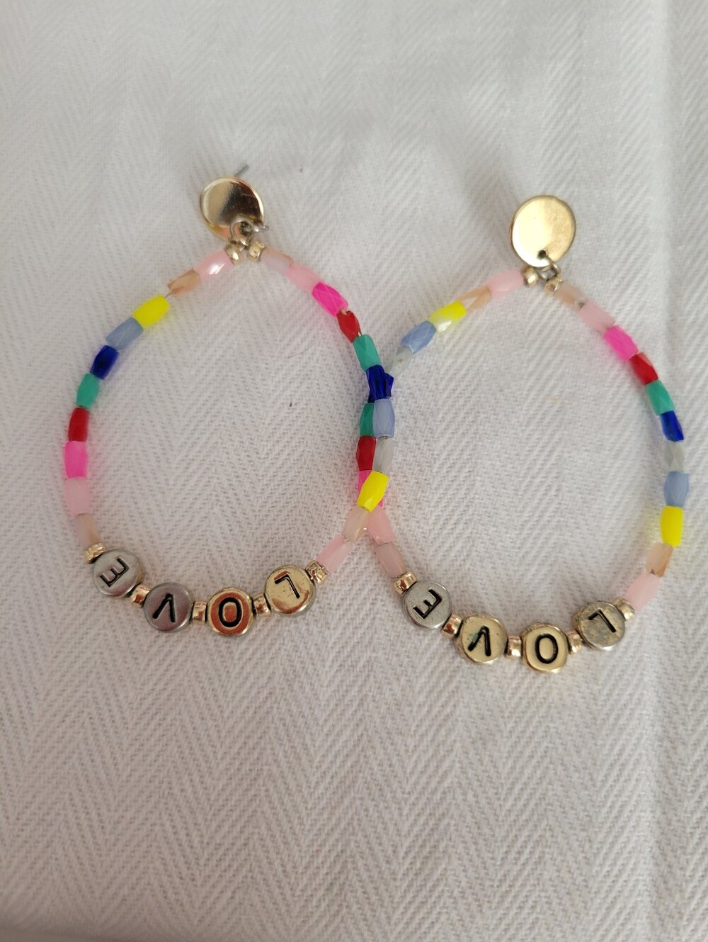 Multicolor 'LOVE' Beaded Hoop Earrings - Gold Accent